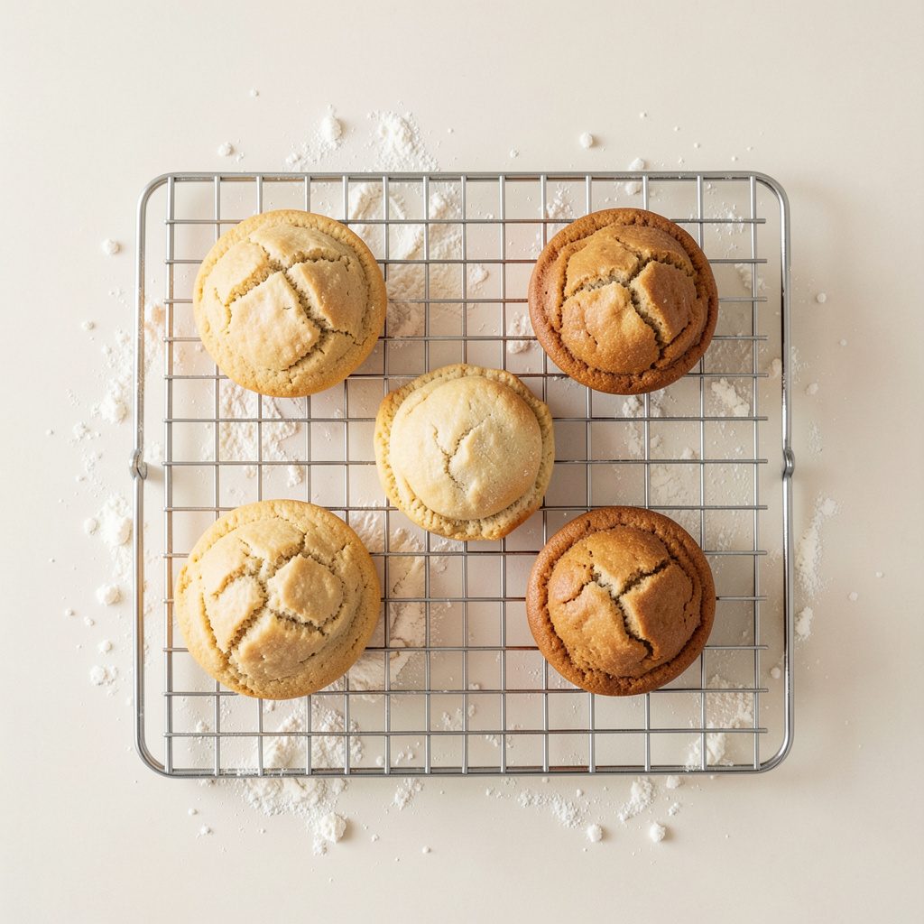 Overhead flat-lay photograph of baked goods on a wire rack with scattered flour, in soft cream and caramel hues.