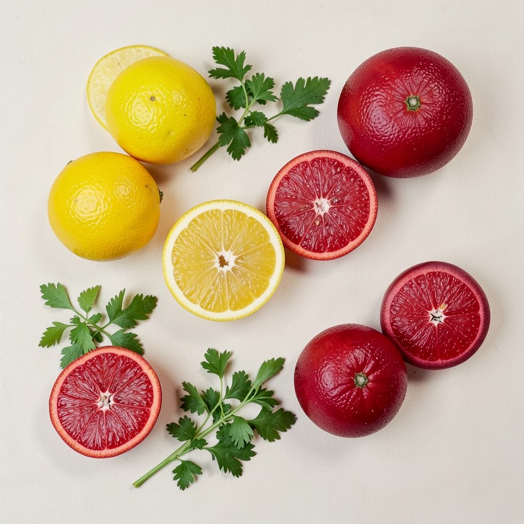 Overhead flat-lay photograph of citrus fruits sliced in half beside fresh herbs, in cheerful yellow and green tones on a pale surface.