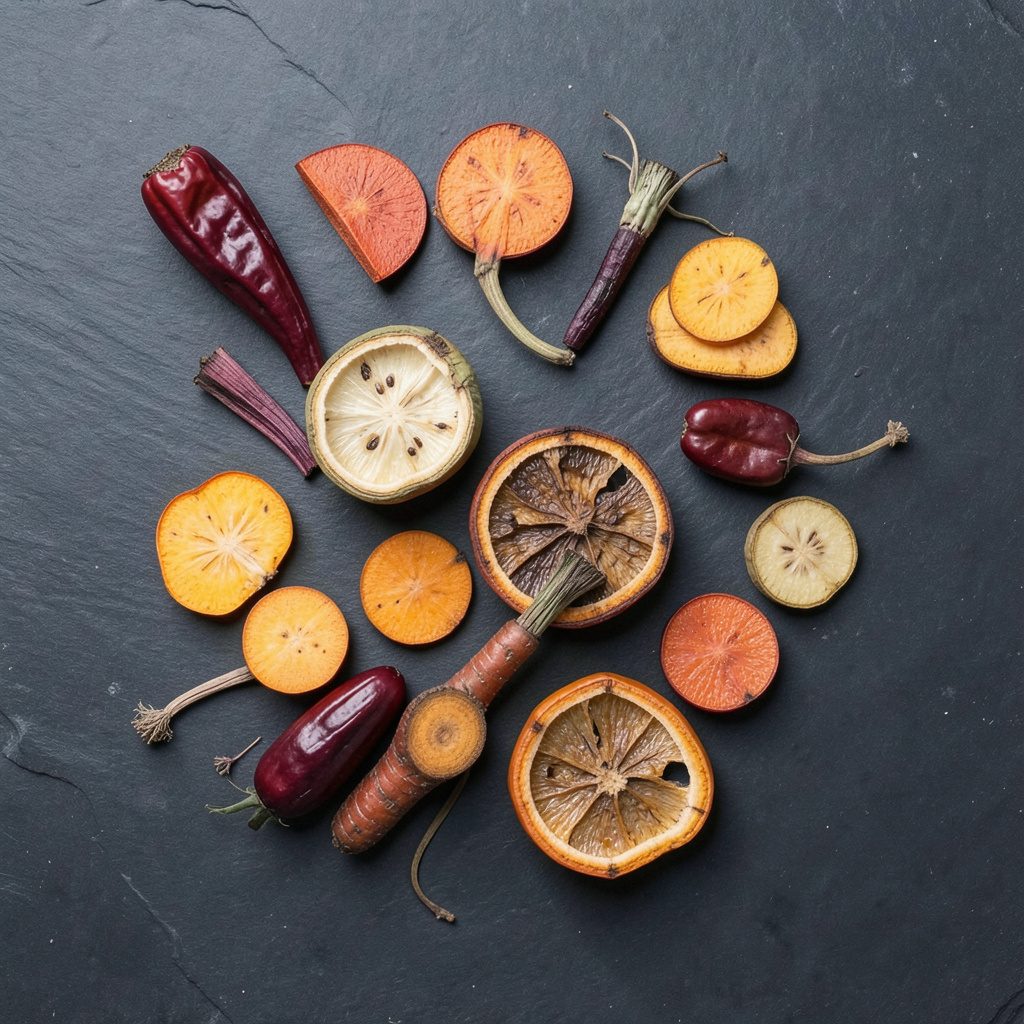 Overhead flat-lay photograph of roasted autumn vegetables in muted orange and brown tones on a dark slate surface, gentle and rustic.