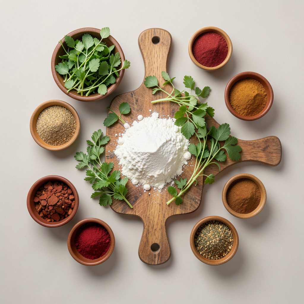 Overhead flat-lay photograph of a wooden cutting board scattered with fresh herbs, whole grain flour, and small bowls of spices in warm earth tones, evoking a calm, hand-prepared kitchen.