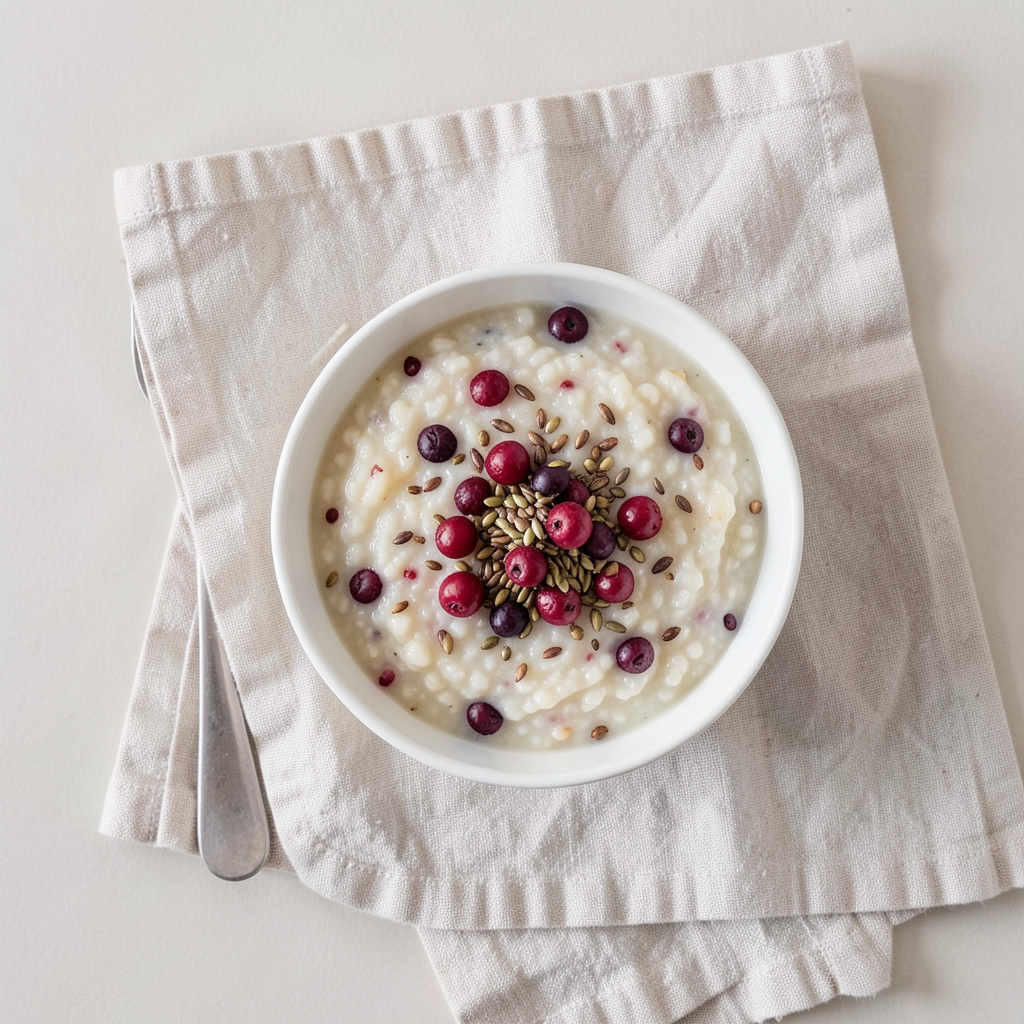 Overhead flat-lay photograph of a bowl of warm grain porridge topped with seeds and berries, in soft cream and berry reds against a linen napkin.