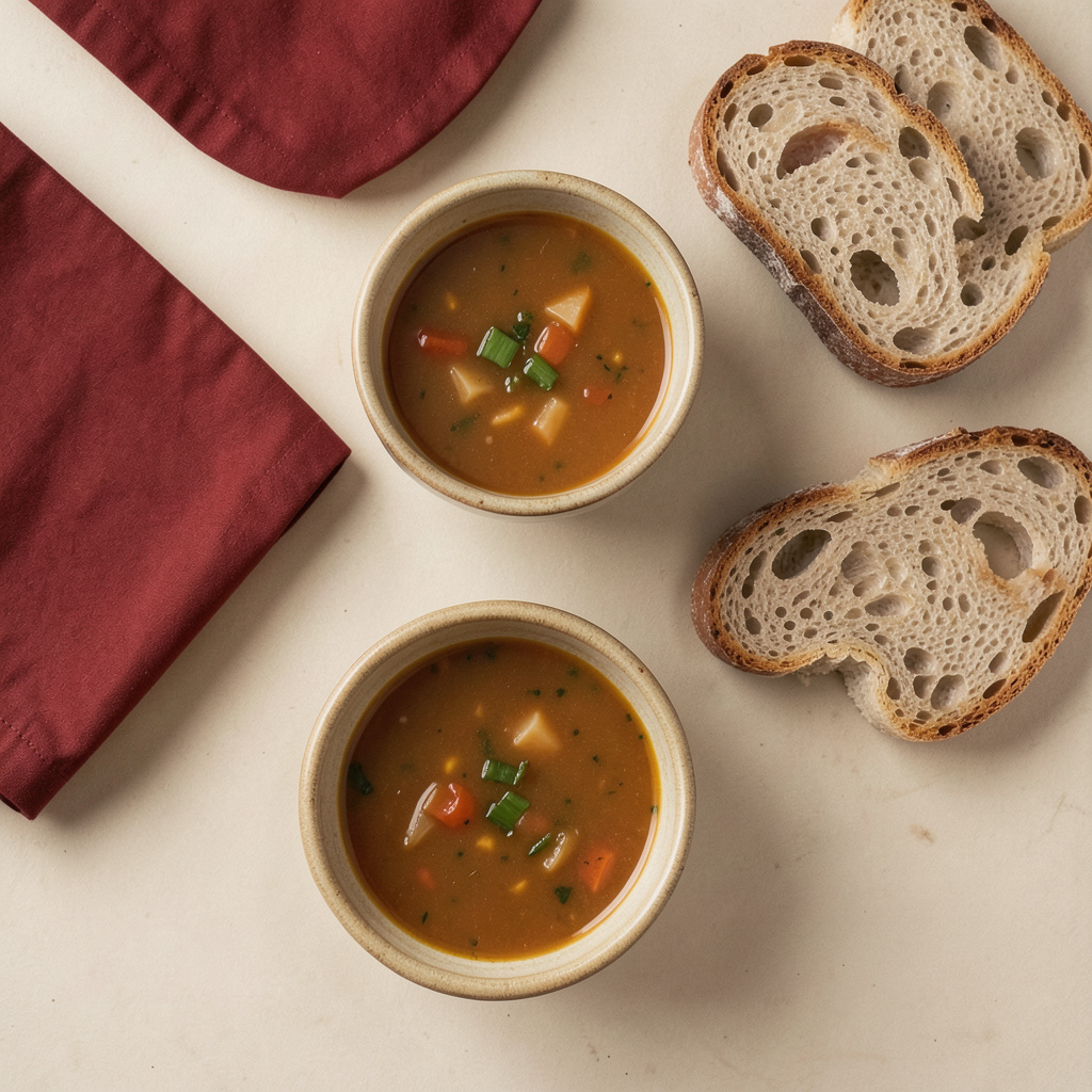 Overhead flat-lay photograph of slow-simmered soups in ceramic bowls beside crusty bread, in warm amber and beige tones.